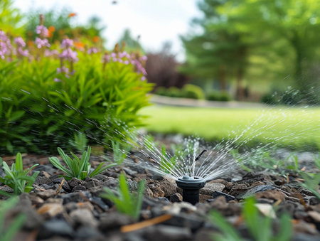 Sprinkler watering fresh green plants, close-up.の素材