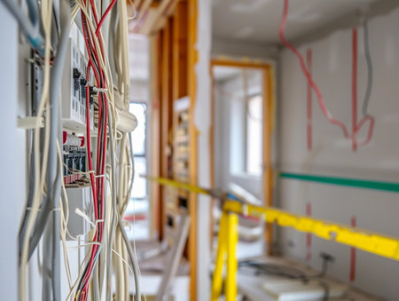 Close-up of complex electrical wiring in a construction site.の素材