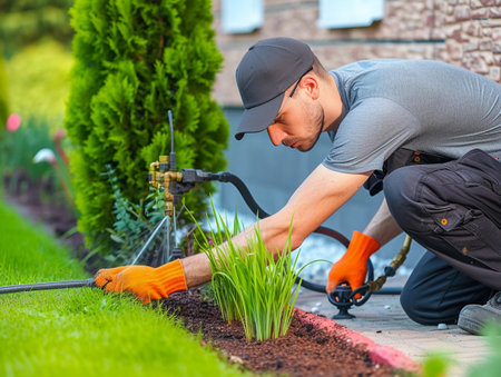 Gardener setting up an automatic irrigation system in a residential garden.の素材