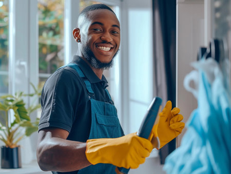 Cheerful man in denim apron cleaning with yellow gloves and cloth.の素材