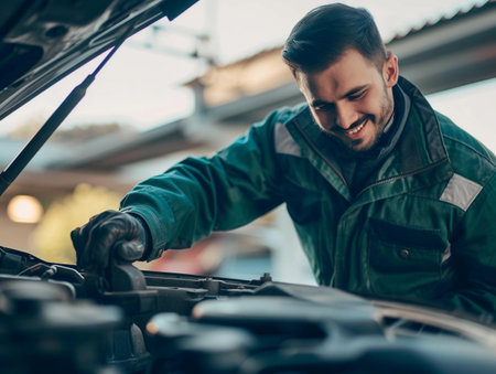 Skilled mechanic in work attire adjusting vehicle engine parts.の素材