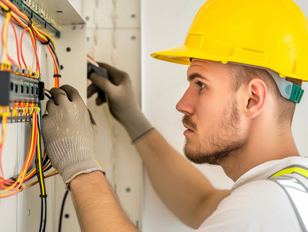 Concentrated young electrician inspecting electrical panel installation.の素材