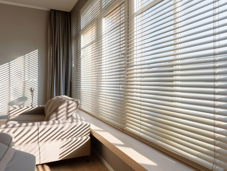 Sunlight filtering through blinds in a stylish living room.の素材