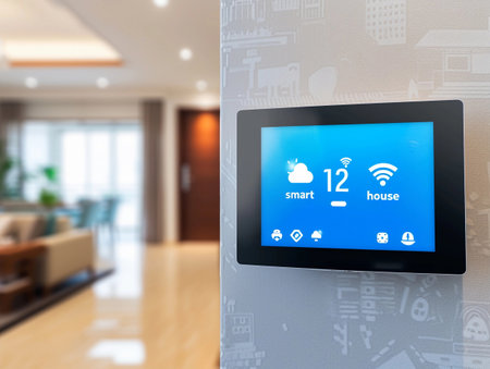 Wall-mounted control panel for smart home system with a clear interface.の素材