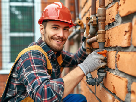 Smiling plumber adjusting pipes on exterior brick wall.の素材