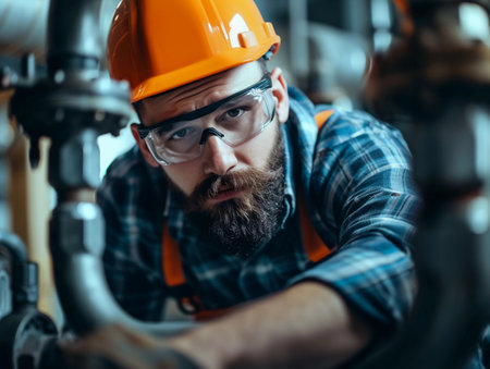 Tradesman in hard hat and safety glasses repairs piping system.の素材
