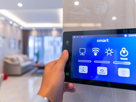 Close-up of a hand holding a tablet controlling a smart home system.の素材