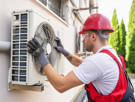 HVAC technician adjusting outdoor unit with precision.の素材