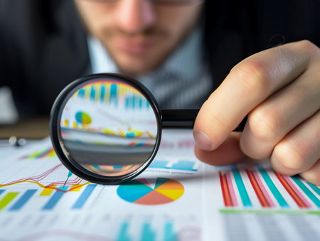 Close-up of a financial analyst scrutinizing colorful graphs and charts with a magnifying glass.の素材
