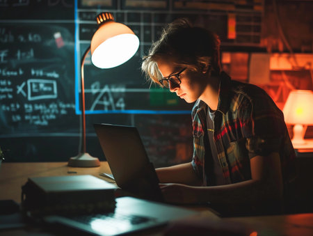 A focused teen studies intently at a home desk cluttered with books under a warm light.の素材