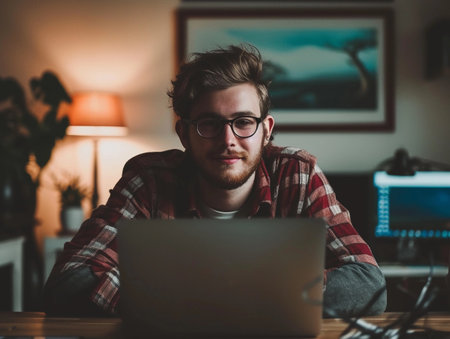 A relaxed young adult works from home, sitting at a wooden desk with a laptop.の素材
