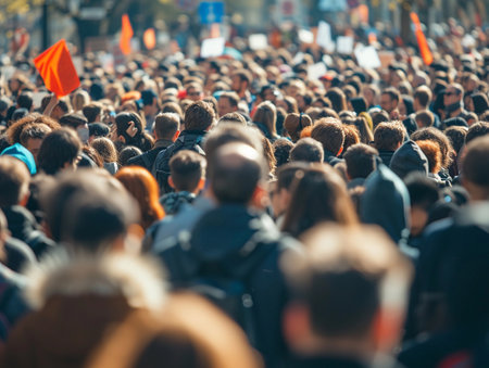 Crowd of protesters at a rally seeking change, with focus on a raised hand.の素材