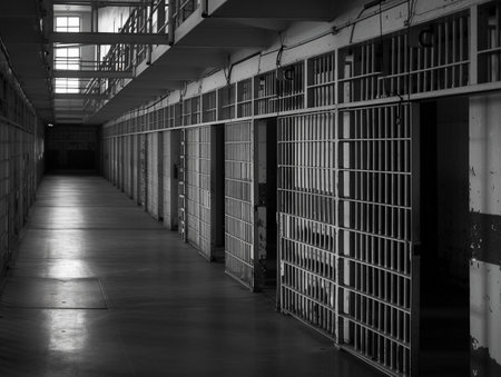 Black and white shot of a long, empty prison wing.の素材