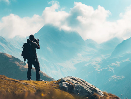 A photographer with a backpack taking photos in the mountains.の素材