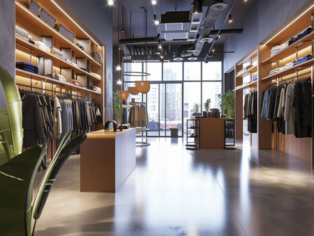 Modern clothing store with elegant wood shelving and contemporary design elements.の素材