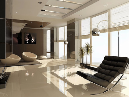 A high-gloss modern interior featuring reflective surfaces and unique, sculptural furniture.の素材