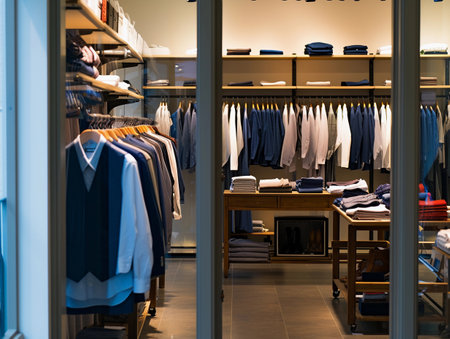 View through glass doors of a modern boutique with arranged clothing racks and wooden shelves.の素材