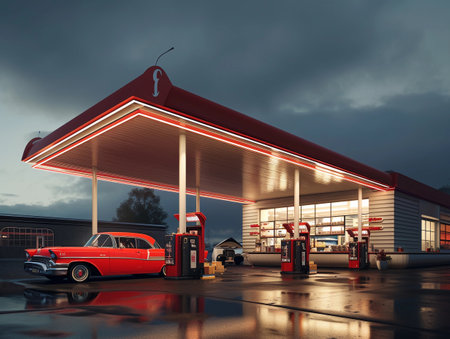 Vintage car at a retro-styled electric vehicle charging station at night.の素材