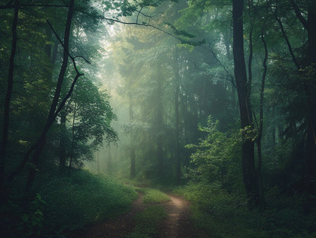 A mystical forest road emerges through morning mist, inviting exploration into nature's heart.の素材