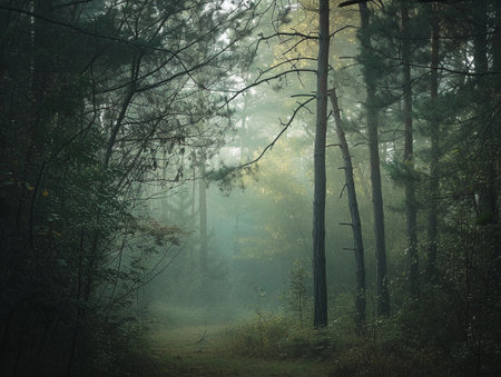 A soft haze filters sunlight in a peaceful pine forest, highlighting the freshness of a new day.の素材