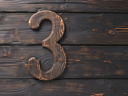 Polished metal number 3 on charred wooden boards.の素材
