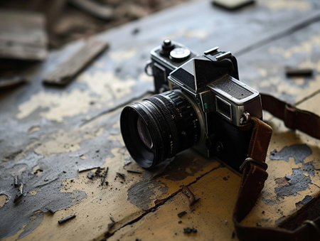 Old camera with a lens on a dilapidated surface with peeling paint.の素材