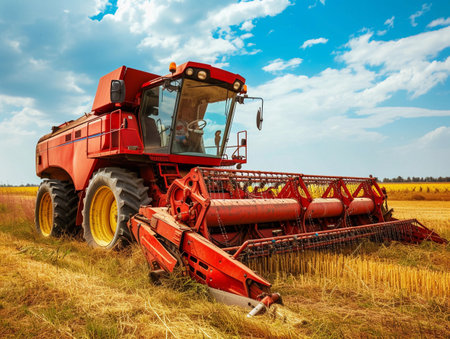 Red combine harvester at work during harvest in a golden wheat field.の素材
