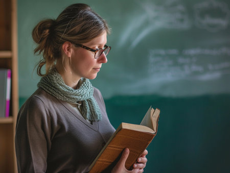 Foto de Female teacher engrossed in a book near a chalkboard. - Imagen libre de derechos