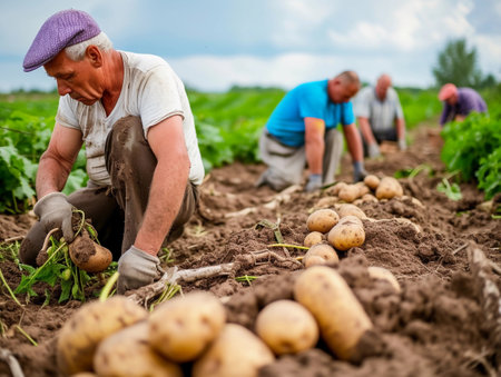 Workers collecting freshly dug potatoes from the soil.の素材
