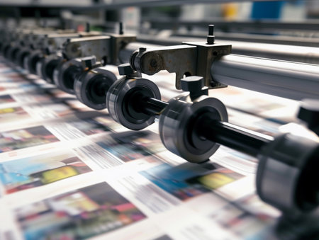 Detailed view of a modern printing press mechanism in operation.の素材