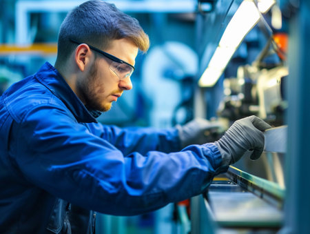 Focused engineer with glasses fine-tuning machinery in a factory.の素材