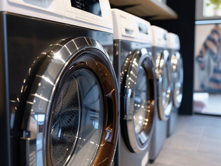 Row of high-end washing machines with digital displays showcased in a retail store.の素材