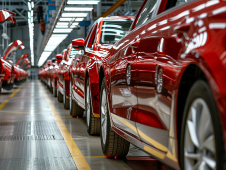 A series of red sports cars on the production line in a modern automotive factory.の素材