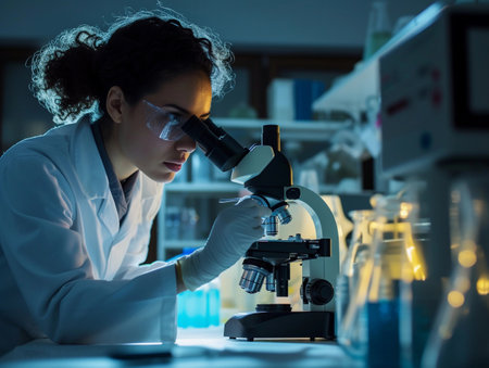 Focused female researcher examining a specimen under a microscope in a science lab.の素材