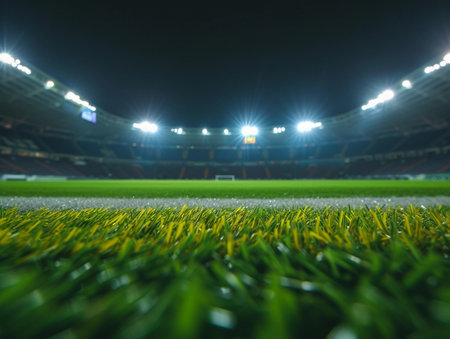 Vivid stadium lights illuminate a lush green soccer pitch at night.