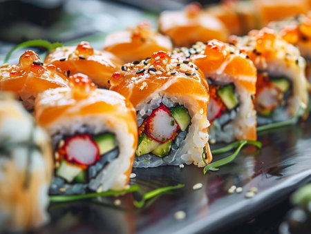 Expertly prepared sushi rolls adorned with toppingsの素材