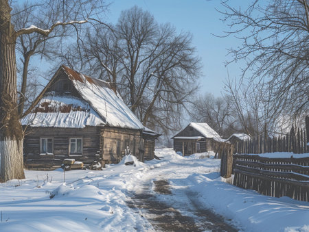 Bright winter sun illuminating a snow-covered village path.の素材