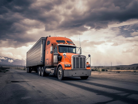 An orange semitruck parked on a deserted road with a dramatic sky overhead.の素材