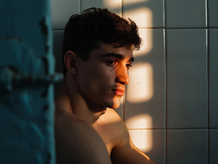 Young man's profile basked in sunlight with a reflective gaze.の素材