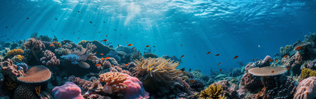 A dazzling display of coral diversity basking in the sunlight beneath the ocean's surface.の素材