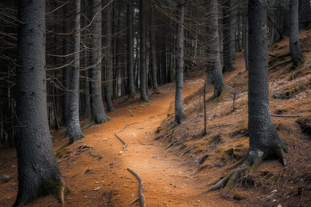 An atmospheric path winds through a dense forest, enveloped by dark tree trunks and a rust-colored forest floor.の素材