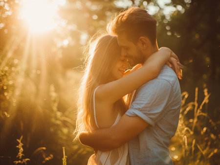 A couple hugs warmly, bathed in the soft glow of the sunrise.の素材
