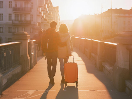 A couple's silhouette against the sunrise, walking with a suitcaseの素材
