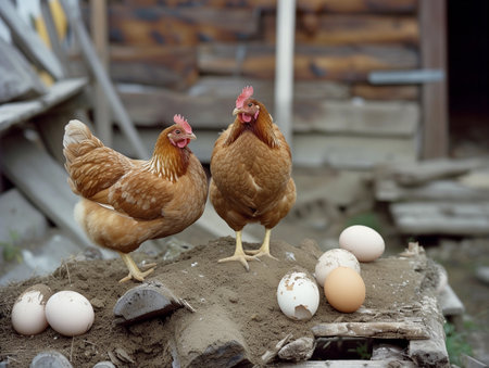Two hens near a pile of fresh eggs on a farm.の素材