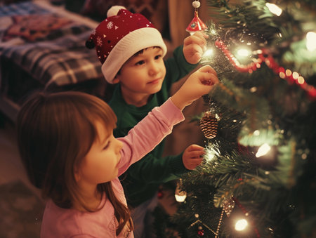 Kids in Santa hats embellishing a Christmas tree with glowing lightsの素材