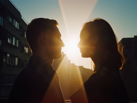 Couple facing each other with sunset behind, creating intimate silhouettes.の素材