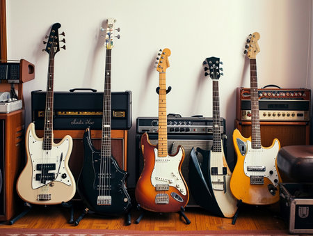 Vintage guitars and basses lined up with amplifiers in a room.の素材