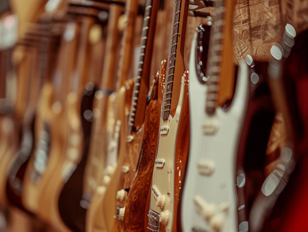 Close-up of a variety of guitars lined up in a music store.の素材