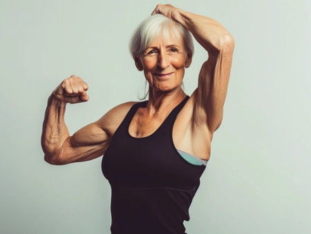 A fit senior woman flexes her muscles, showing strength and vitality against a light backdrop.の素材