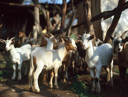 A herd of goats enjoys the sunshine beside a rustic wooden structure on a clear day.の素材